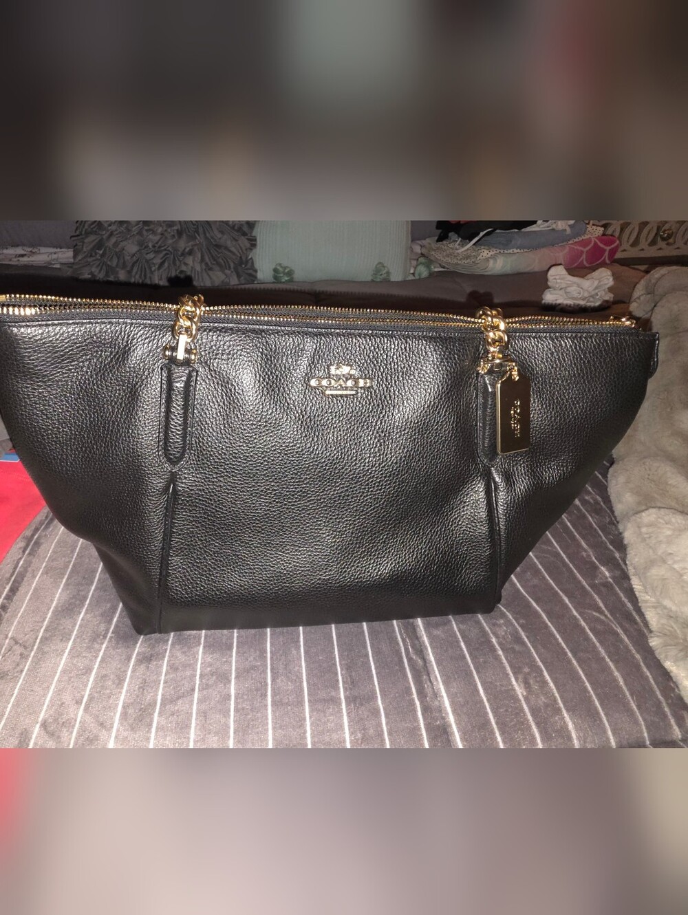 Coach "Ava" Black Leather Shoulder Bag with Gold Hardware